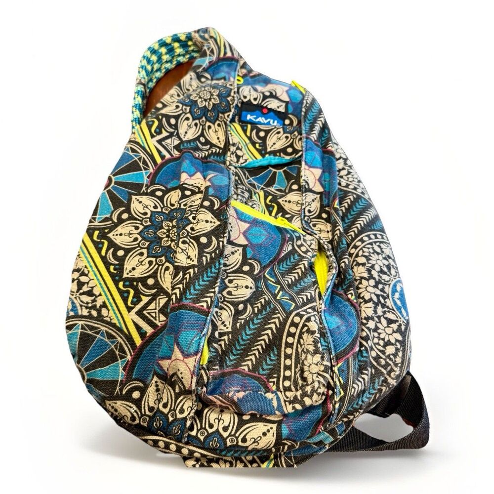 KAVU Original Rope Sling Bag Geometric Aqua Lime Multicolor Crossbody Backpack